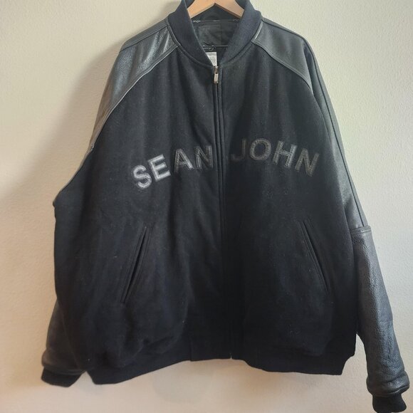 Sean John Jacket Mens 5X Black Wool Leather Varsity Bomber Oversized Coat - Picture 1 of 15